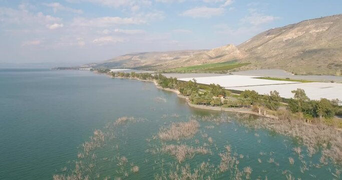 Aerial view of a lake shore line, Sea of Galilee, Israel.