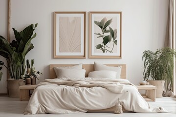 There are two empty picture frames in the bedroom. Large bed, pillows, and potted plants are present inside. Generative AI - obrazy, fototapety, plakaty