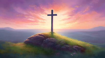 Christian Jesus Cross Hill Beautiful Sunset Oil Painting Serene Generative AI