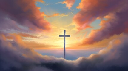 Christian Jesus Cross Heaven Beautiful Sunset Oil Painting Divine Generative AI