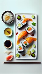 Sushi, maki, rolls set, Japanese traditional food top view composition, plain background. Generative AI illustration