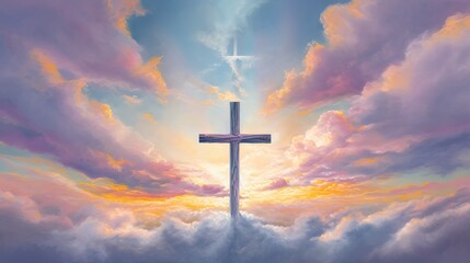 Christian Jesus Cross Sunset Beautiful Sky Oil Painting Inspiring Generative AI