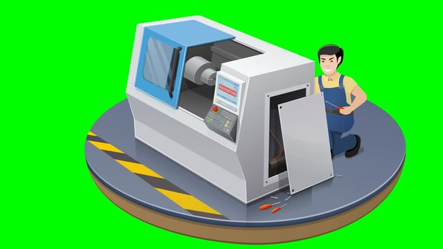 Animation loop of a repairman repairs and performs maintenance operations on a numerically controlled machine-tool on a green background, with transparency mask and alpha channel