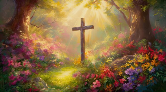 Christian Jesus Cross Beautiful Garden Surrounding Oil Painting Serene Generative AI