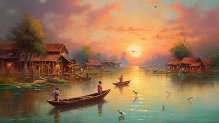 Fishermen Lakeside Village Beautiful Sunset Oil Painting Scenic Waterfront Generative AI