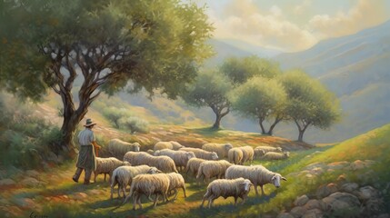 Shepherd Sheep Flock Beautiful Nature Oil Painting Serene Pasture Generative AI