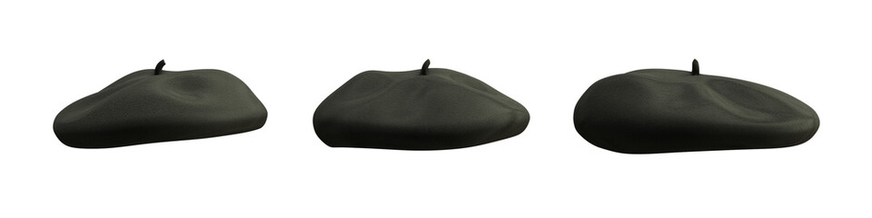 Black beret hat from different angles isolated on transparent background. 3D rendering - obrazy, fototapety, plakaty