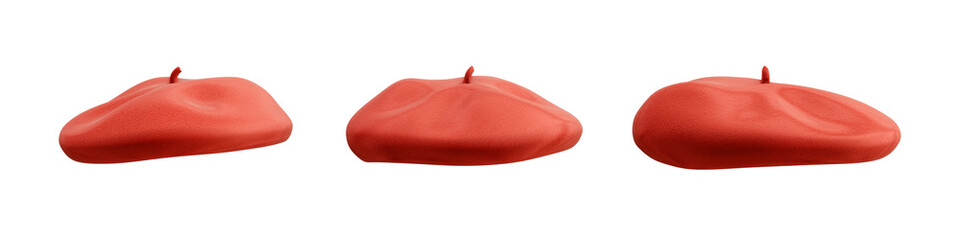 Red beret hat from different angles isolated on transparent background. 3D rendering - obrazy, fototapety, plakaty