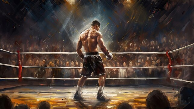Underdog Boxer Standing Boxing Ring Oil Painting Courageous Fighter Generative AI