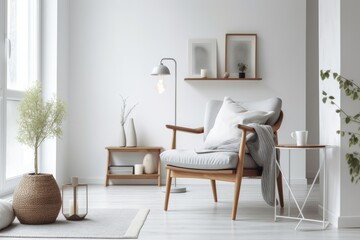Simple and comfortable scandinavian living room decor with a grey armchair, pillow, books, cup, and twigs in a vase against a background of a pure white wall. Generative AI