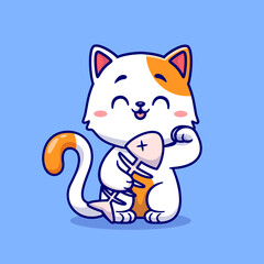 Cute Cat Holding Fishbone Cartoon Vector Icon Illustration. Animal Nature Icon Concept Isolated Premium Vector. Flat Cartoon Style