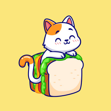 Cute Cat In Sandwich Cartoon Vector Icon Illustration. Animal Food Icon Concept Isolated Premium Vector. Flat Cartoon Style