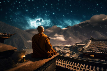 Buddhist monk sits on temple roof and looks at sky and mountains at night, generative AI - obrazy, fototapety, plakaty