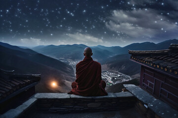 Buddhist monk sits on temple roof and looks at starry sky at night, generative AI.
