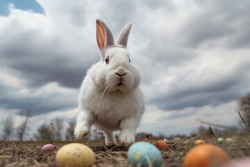 Huge white easter bunny and colored eggs outdoors made with generative AI