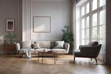 Gray sofa and armchair in a living room with white and gray walls, a wooden floor, and a big window. a mockup. Generative AI