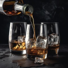 pouring whisky into glasses on a stone countertop