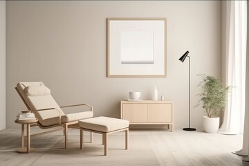 Fototapeta na wymiar Elegant Minimalist Interior with All-White Blank Mockup Poster Frame - Modern Design and Soft Lighting