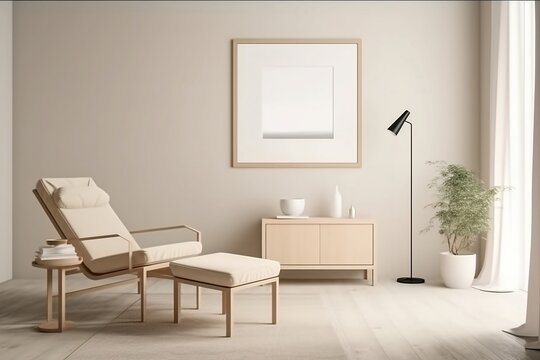 Elegant Minimalist Interior with All-White Blank Mockup Poster Frame - Modern Design and Soft Lighting