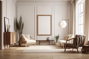 Picture of an empty frame in a beige living room with a large picture window, two armchairs, a floor lamp, parquet, a coffee table, and a sideboard. idea for a contemporary home design. a mockup