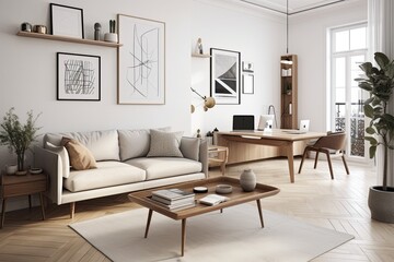 Fototapeta na wymiar Nice Scandinavian living area with comfy couch, coffee table, laptop mockup in minimum working space, minimal wood furniture and home décor. Generative AI