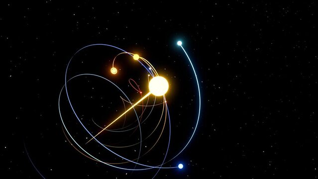 solar system 3d animation, planetary system orbits travelling through space. can be used to represent astrophysics, universe exploration or milky way rotation