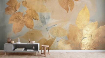 wall art painted golden leaves in pastel technique, Generative AI
