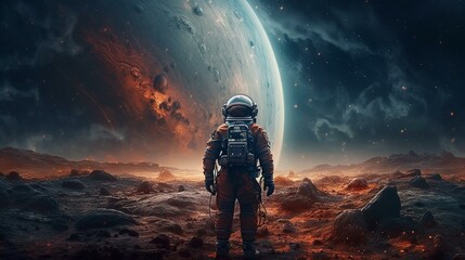 An astronaut standing on a planet's surface with a stunning galaxy backdrop Generative AI