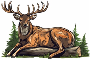 A lovely deer resting on a log in a flat cartoon. Generative AI