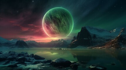 Naklejka na ściany i meble A planet with a stunning aurora borealis Generative AI