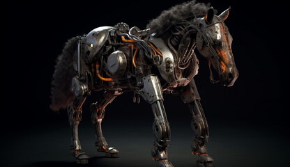 Fototapeta na wymiar A futuristic dashing horse with robotic technology. Based on Generative Ai.