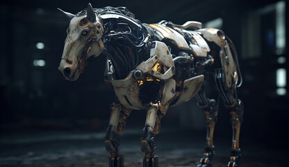 Fototapeta na wymiar A futuristic dashing horse with robotic technology. Based on Generative Ai.