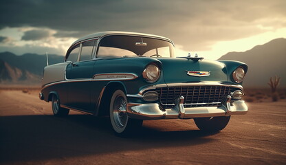 Obraz na płótnie Canvas A classic old car driving down a desert road. Based on Generative Ai.