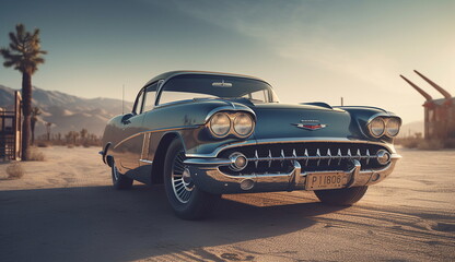 Obraz na płótnie Canvas A classic old car driving down a desert road. Based on Generative Ai.
