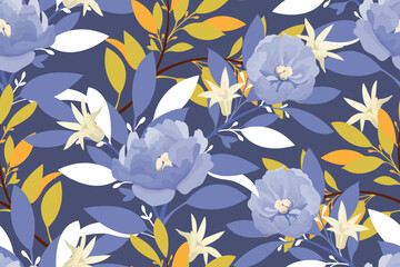 Illustration with blue garden flowers, blue and yellow lives