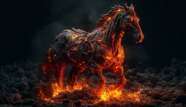 A horse covered with flames on its skin. Based on Generative Ai.