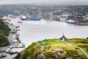 St. John's Newfoundland Canada, September 20 2022: Harbour view with historic cannons overlooking The Narrows from the Signal Hill Battery.
