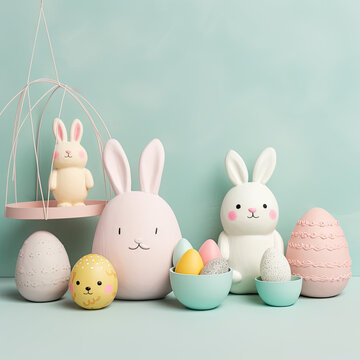 Easter Decorations - pastel colored Easter bunnies and Paschal eggs decorations
