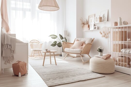 Scandinavian style nursery for newborns with a white crib and stool. Generative AI