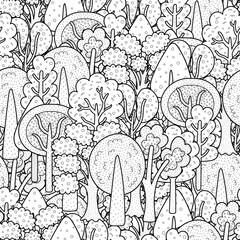 Fantasy doodle forest black and white seamless pattern. Doodle coloring page with trees for coloring book. Outline background. Vector illustration - 588909703