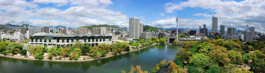 Aerial view on water pond in Hiroshima Japan, near ground zero point of the first nuclear bomb...