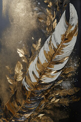 Golden feather digital painting with texture and details. Generative AI-assisted artwork.