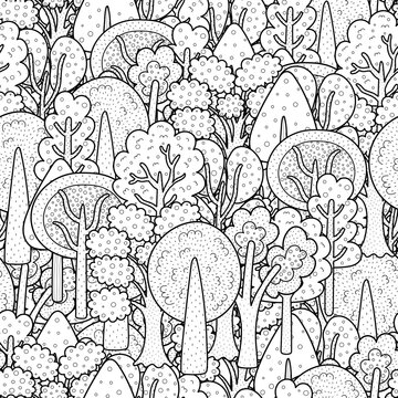 Fantasy doodle forest black and white seamless pattern. Doodle coloring page with trees for coloring book. Outline background. Vector illustration