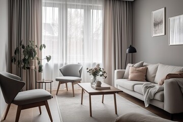 The living room's decor is in the Scandinavian style. In a house with gray walls, a minimalist sofa and armchair with pillows, a white table with a clear vase and dry plants, a little table with drink