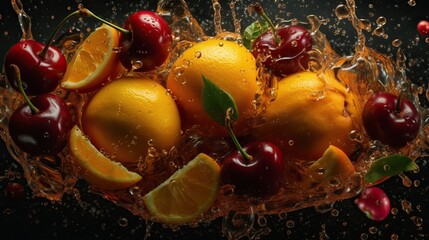 Fototapeta na wymiar Artistic Mango Cherry Juice Splash Composition Vivid Fruity Display Generative AI 