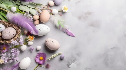 Fototapeta na wymiar Banner. Easter background with spring flowers, eggs, feathers, gift boxes on light grey background top view flat lay copy space. Generative AI