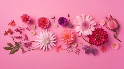 Assorted pink flower border on pink background, flat lay. Generative AI