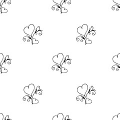 Seamless pattern Couple of black outline hearts. Hand drawn doodle texture for textile, wrapping paper on the Valentine day or wedding