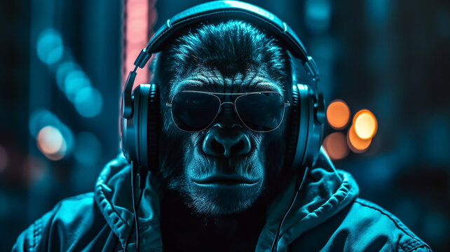 Gorilla mit Kopfh&ouml;rer und Sonnenbrille in der Stadt im 16:9 Format in blue Colour Look. Generative Ai.