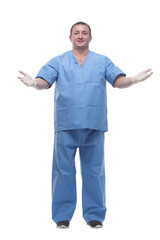 doctor in protective gloves showing thumbs up.